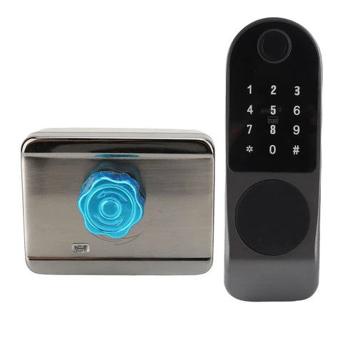Foolproof Smart Biometric Door Lock With Wireless App Control And Instant Keyless Entry Heavy Duty Aluminum Alloy Fingerprint Deadbolt close-up showing the lock and keypad.
