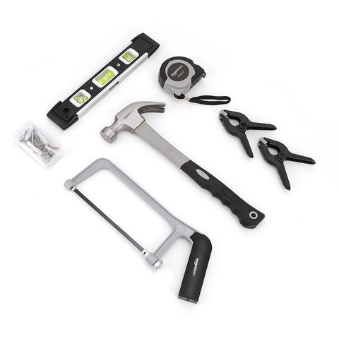 173 Piece General Household Hand Tool Set With Portable Storage Case hammer, level, tape measure, saw, nails and clamps.