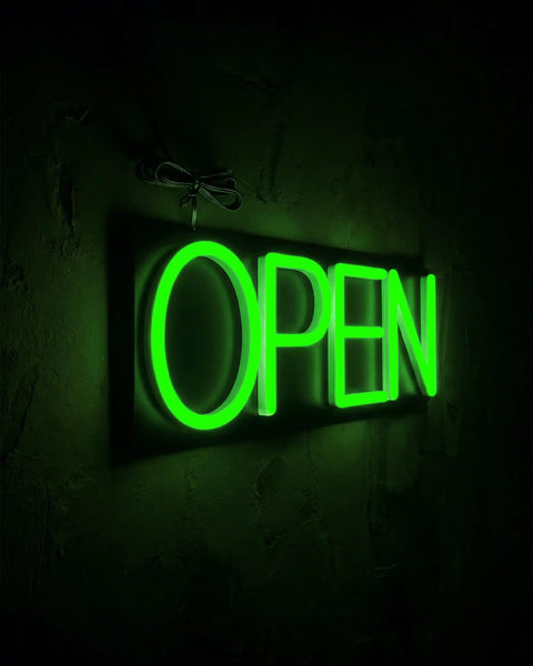Green LED Open Sign With Remote, 20x7 Inch Neon Look, 12V Plug In, Hanging Chain Included, Black Backing For Bright Day Or Night