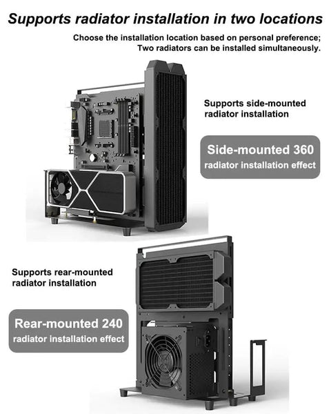 Open Air PC Test Bench Frame For DIY Rig Builds Heavy Duty Steel Desktop Chassis Rack Stand fits ATX ITX MATX motherboards with side and rear-mounted radiators, black powder coated 2mm steel, 300x182x347mm profile