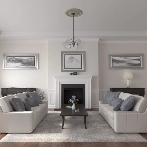 Living room with Hand Painted Clear Yellow Mango Egg And Dart Ceiling Medallion 27 7/8 Inch Outer Diameter installed above seating.