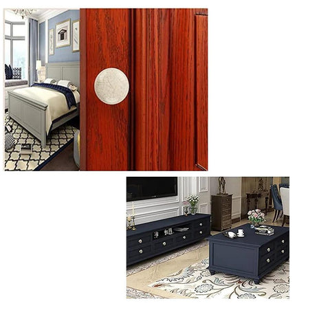 White Ceramic Cracked Cabinet Handles installed on bedroom and living room furniture, featuring vintage elegant drawer knobs.