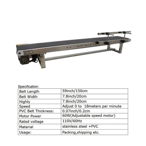 Heavy Duty 110V PVC Belt Conveyor System With Adjustable Guardrail, 59x7.8 Inch, stainless frame, speed control visible