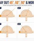 Jobsite Ready Wooden Angle Finder With Bright Orange String Line 12 By 10 Inch Birch Plywood Ruler Expert Degree Layout Gauge For Fencing Framing And Diy Work That Nails The Angle Every Time showing 45°, 60°, 90°, and 120° setups.