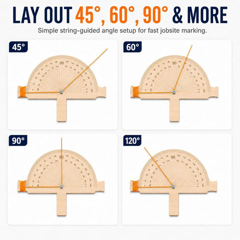 Jobsite Ready Wooden Angle Finder With Bright Orange String Line 12 By 10 Inch Birch Plywood Ruler Expert Degree Layout Gauge For Fencing Framing And Diy Work That Nails The Angle Every Time showing 45°, 60°, 90°, and 120° setups.
