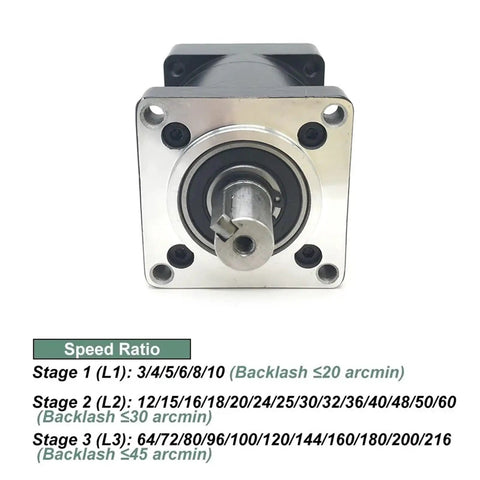 Heavy Duty Planetary Gear Reducer For Nema 42 Stepper Motors with visible input shaft and stages of speed ratios.