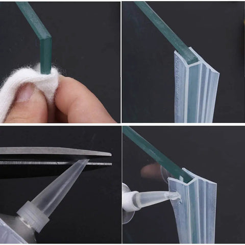 Close-up showing installation of Shower Door Seal Strip For Frameless Glass, 120 Inch Cuttable Length, 20mm Water Retaining Edge