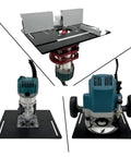 Heavy Duty Aluminum Router Table Insert Plate With Precision Center Bushing For Rock Solid Professional Woodworking Milling and Slick Flip Board Trimming Shop Rig - Multiple angles of router setup.