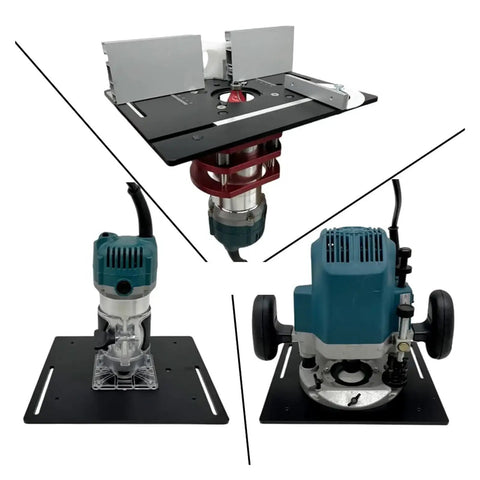 Heavy Duty Aluminum Router Table Insert Plate With Precision Center Bushing For Rock Solid Professional Woodworking Milling and Slick Flip Board Trimming Shop Rig - Multiple angles of router setup.