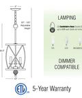 Diagram of Eleanor 27 Inch Traditional 3 Light Cylinder Pendant Chandelier with dimensions and lamping options.