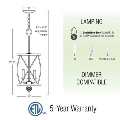 Diagram of Modern Dope 3-Light Geometric Lantern Chandelier in Brushed Nickel Finish With dimensions and bulb types.