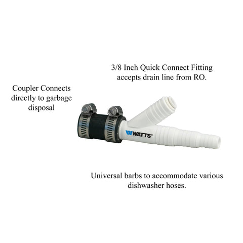 Universal Dishwasher Drain Line To Garbage Disposal Adapter Kit with push-in fittings and stainless steel clamps