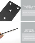 Eight Piece Black Metal Flat Mending Plates Set With 40 Screws And Screwdriver For Wood Shelves And Furniture displayed close-up