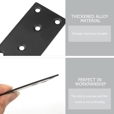 Eight Piece Black Metal Flat Mending Plates Set With 40 Screws And Screwdriver For Wood Shelves And Furniture displayed close-up