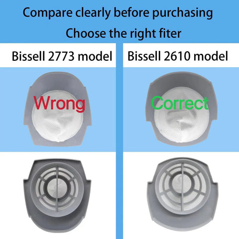 Diagram showing comparison of Bissell 2773 and 2610 model filters. 2 Pack Replacement Vacuum Filters For 2610 And 2611 Series 3 In 1 Turbo Lightweight Stick Vac Fits 2610 Compare To Part 1620624 Washable And Reusable Boost Suction Power And Extend Vacuum Life.