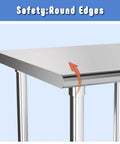 Close-up of NSF Certified Stainless Steel Prep Table With Adjustable Undershelf 24 By 24 Inch Tabletop showing round edges.