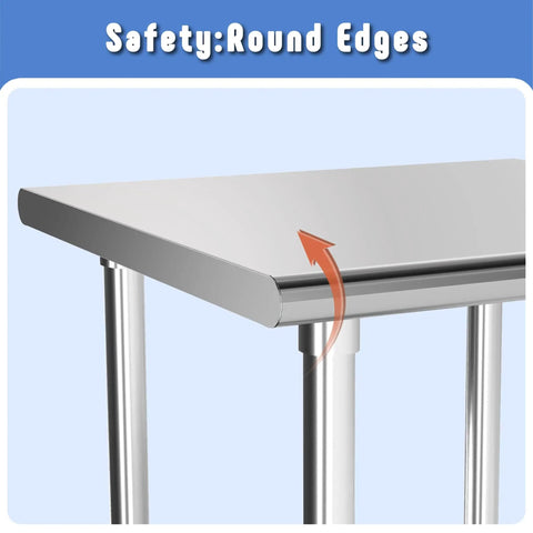Close-up of NSF Certified Stainless Steel Prep Table With Adjustable Undershelf 24 By 24 Inch Tabletop showing round edges.