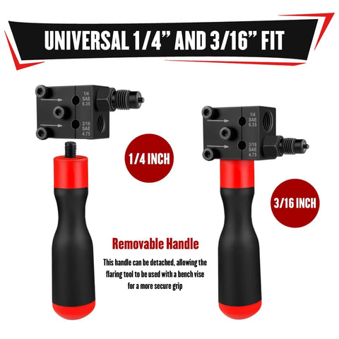 YIYITOOLS 7-Pc brake line flaring kit, front view, universal 1/4" and 3/16" SAE with red/black handles