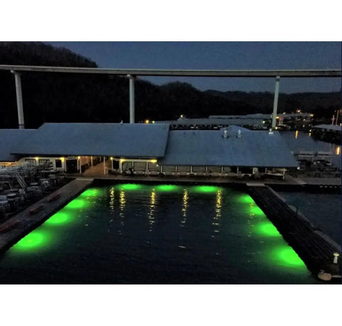 Top Shelf Green Dock Light And Fishing Lantern Waterproof Marine Grade Adjustable Bright Illumination For Nighttime Angling Crew Favorite Solid Deck Upgrade Package illuminating dock area at night with green lights.