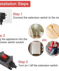 Inline Cord Switch With 3 Point 3 Foot 14 AWG Cable Three Pronged Piggyback Plug Waterproof IP67 Extension Cord On Off Power Switch With Red LED Rocker Button For Outdoor And Indoor Use installation steps for fan, lamp, radiator, and saw