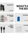 Contents including High Accuracy Golf Rangefinder With Slope And Removable Rechargeable Battery, USB-C cable, storage bag, battery, lens cloth