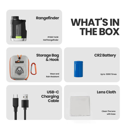 Contents including High Accuracy Golf Rangefinder With Slope And Removable Rechargeable Battery, USB-C cable, storage bag, battery, lens cloth