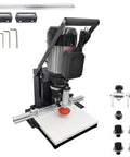 Front view of WYDDDARY portable electric hinge drilling machine with black motor housing, silver rails and ruler guide.