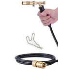 Heavy Duty Propane Torch Hose Kit 3.93 Ft With Adjustable Heat MAPP Torch Head 2600 Fahrenheit 25,000 BTU Per Hour Solder Copper Pipe And HVAC Professional Grade DIY Soldering Kit shown in use.