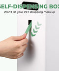 Person pulling green polyester strapping from a self-dispensing box for easy use with Real Deal 5/8 By 1049 Feet Polyester Pet Strapping Roll.