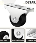 Close-up of 24 Pieces 1 Inch Small Fixed Castor Wheels with Metal Top Plate for Furniture and Small Appliances Rigid Non Swivel Casters Heavy Duty Black Wheels Include 48 Screws for Easy Replacement showing the metal top plate and wheel features.