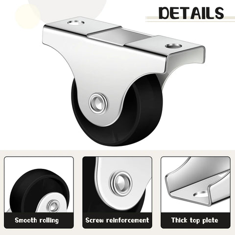 Close-up of 24 Pieces 1 Inch Small Fixed Castor Wheels with Metal Top Plate for Furniture and Small Appliances Rigid Non Swivel Casters Heavy Duty Black Wheels Include 48 Screws for Easy Replacement showing the metal top plate and wheel features.