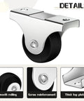 Eight 1 Inch Non Swivel Fixed Castor Wheels With Metal Top Plate For Furniture And Small Appliances Includes 16 Screws, showing details of wheel and top plate.