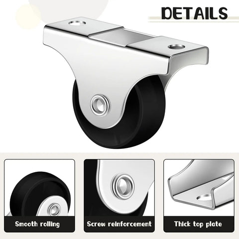 Eight 1 Inch Non Swivel Fixed Castor Wheels With Metal Top Plate For Furniture And Small Appliances Includes 16 Screws, showing details of wheel and top plate.