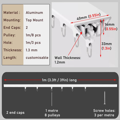 Ultra Thin Ceiling Curtain Rail Aluminum Track For Heavy Curtains With Silent Glide Pulleys, Ceiling Mount Room Divider Rod For Privacy, Black Finish, 12.5m 41ft Length, 1.5 cm Slim Design, Heavy Duty, 1m rail