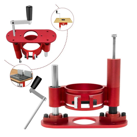 Dead Nuts Precise Aluminum Router Lift And Table Insert Plate Kit With Center Bushing for smooth woodworking, red with crank handle.