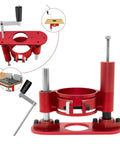 Beefed Up Aluminum Router Table Insert Plate With Smooth Vertical Lift Base Kit For Dead Nuts Accurate Milling Setup Quick Swap Shop Grade Diy Woodworking Build Accessory in red with adjustable features.