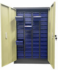 Heavy Duty Hardware Organizer With 48 Drawers And Doors Tool Cabinet Storage Box For Parts Durable Steel Cabinet For Workshop Or Garage Easy Access And Organized Parts Storage, blue steel cabinet with open doors and visible drawers