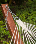 Chain linking Two Person 12 Ft Double Rope Hammock With Spreader Bar Hand Woven Cotton Outdoor Patio Hammock to wooden stand