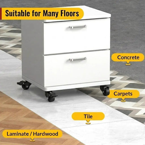 Low Profile One Inch Caster Wheels For Furniture Set Of Four on a white cabinet suitable for tile, wood, and carpet floors.