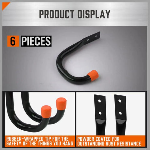 Heavy Duty Metal Wall Hooks 6 Pack For Garage Storage And Organization, J Hooks To Hold Tools, Extension Cords, Ladders, And Bags, Indoor Outdoor Black With Wall Mount Hardware Included, with rubber-wrapped tips and rust-resistant coating.