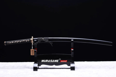 Katana Sword With T10 Steel, Clay Tempered For Real Sharp Edge, Battle Ready Hand Forged Blade With Hamon, Brass Tsuba on stand