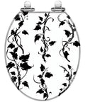Toilet Seat Round Resin for Bathroom, featuring black floral designs on a white background, measures 14.5" x 16.5".