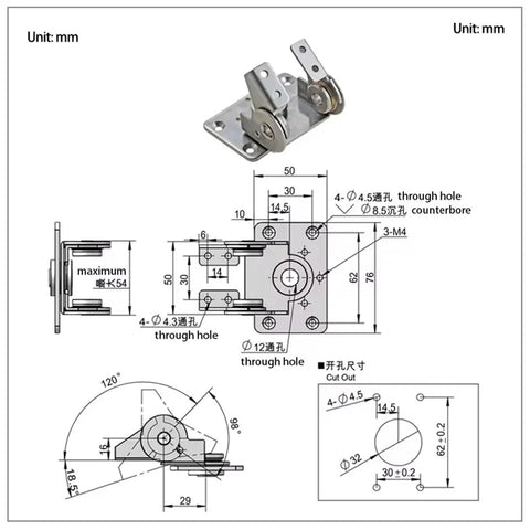 Front view of Amazon 304 stainless steel damping dual-axis torque hinge display base for automation equipment