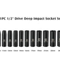 11 Piece 1/2 Inch Drive Deep Impact Socket Set Metric 10 11 12 13 14 16 17 19 21 22 24mm 6 Point Deep Sockets Radius Corner Design