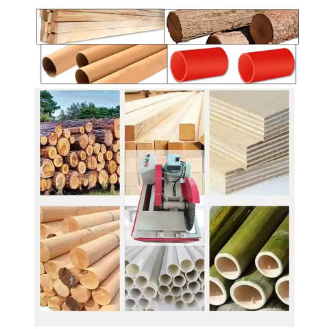 Collage of wood types and Heavy Duty Automatic Wood Cutting Saw With Pro Grade Alloy Blade Compact Shop Log Cutter For Slick Lumber Splitting And Precise Board Segments 220V 3000W Motor.