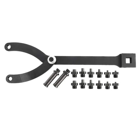 Adjustable Pin Spanner Wrench For Pulleys And Crankshafts Go To Tool For Camshaft Pulleys shown with multiple pins, black metal