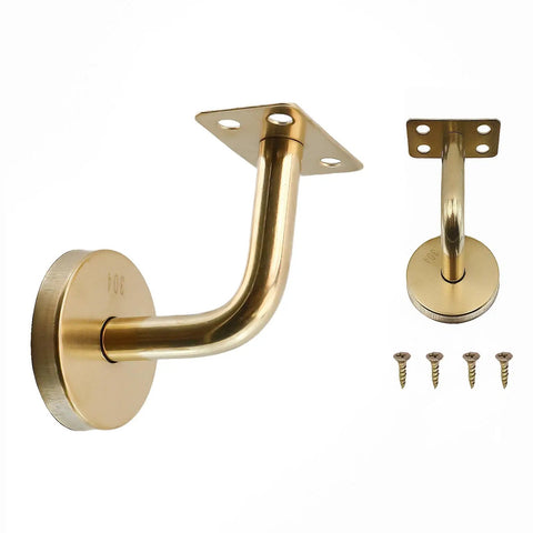 Gold finish stainless steel handrail bracket and screws, wall-mounted, for square staircase railing holders, easy to install.