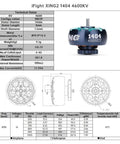 XING2 1404 FPV Brushless Motor 4600KV specs and design for 3S4S toothpick racing drones, technical data sheet view.