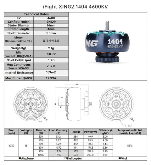 XING2 1404 FPV Brushless Motor 4600KV specs and design for 3S4S toothpick racing drones, technical data sheet view.