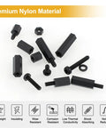 Heavy Duty 620 Piece M3 Hex Standoff And Nylon Screw Assortment Kit Featuring Male Female Spacers including black nylon hex screws and standoffs.
